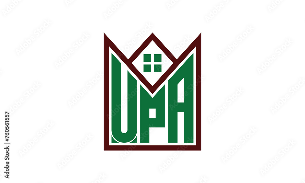 UPA initial letter real estate builders logo design vector. construction, housing, home marker, property, building, apartment, flat, compartment, business, corporate, house rent, rental, commercial - obrazy, fototapety, plakaty 