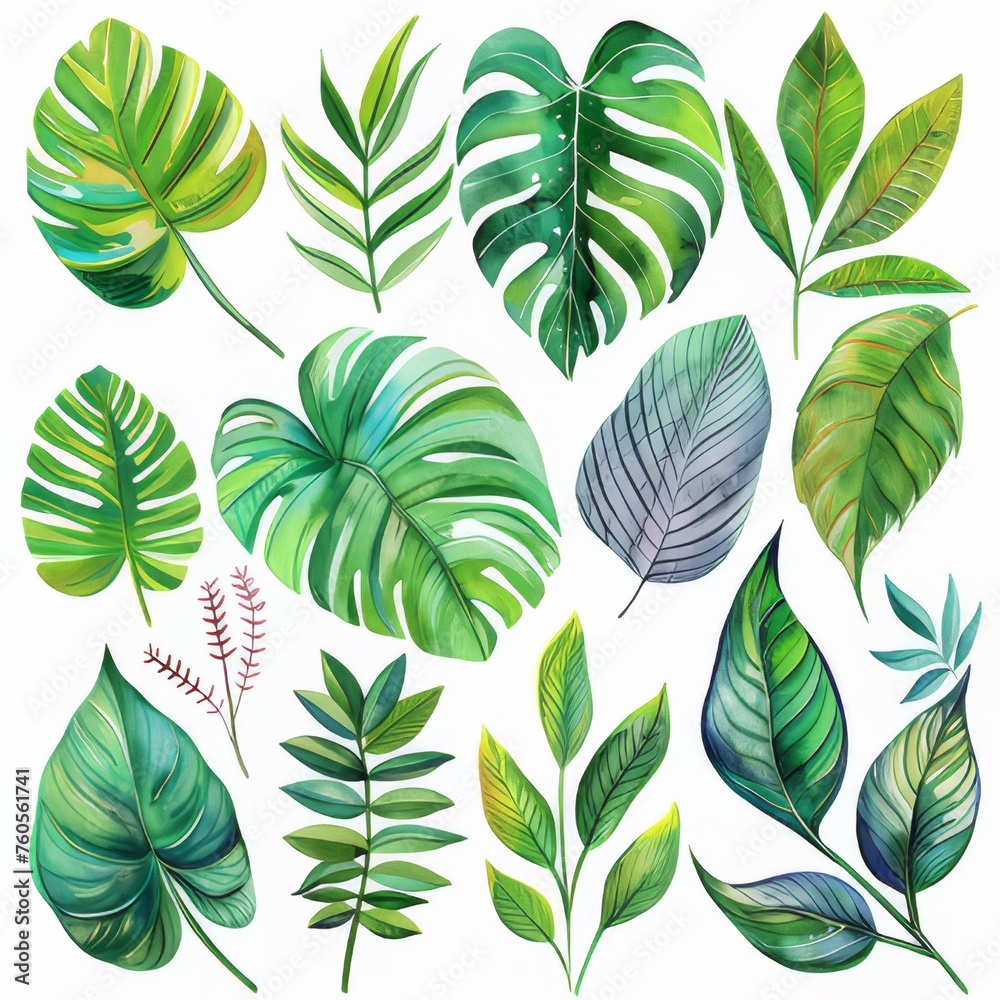 Fototapeta premium A clipart illustration showing various watercolor tropical leaves on a white background.