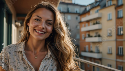 Fröhliche junge Frau mit natürlichem Make-up lächelt auf Stadtbalkon photo