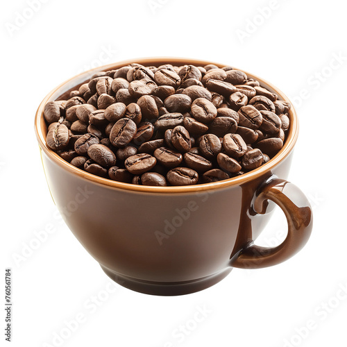 The brown mug is full of coffee beans. Coffee cup and beans, isolated. Png illustration © Nanotrillion