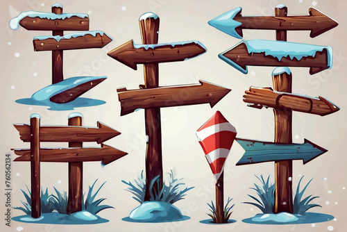 Signboard or pointer sign on pole from wood vector illustration. Wooden direction pointers and planks with plants, leaves and lianas in forest isolated on white background. Jungle, information concept