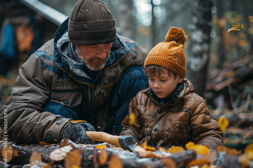 A father and son are chopping wood with an axe in the forest