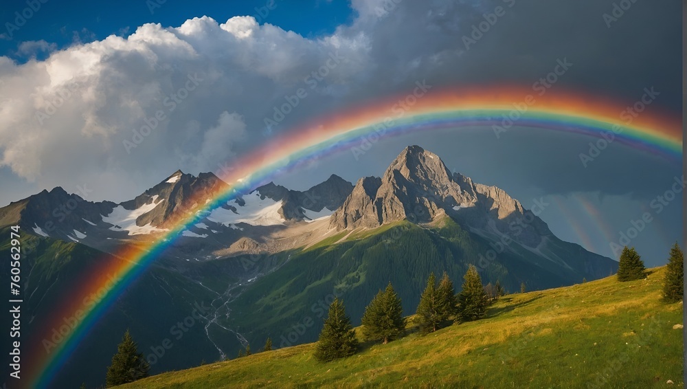 Landscape nature mountain in Alps with rainbow.