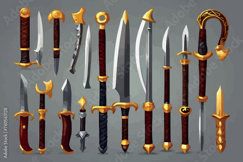 ui set vector illustration of a set of sword combat items of a knight isolated on white background
