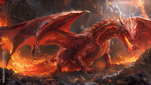 Ruby Dragon with a fierce stance. The dragon is surrounded by erupting volcanoes. 