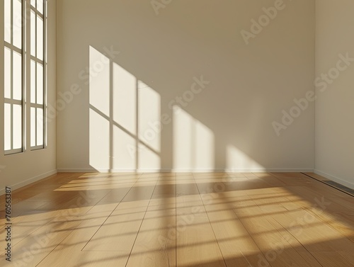 Spacious room with hardwood laminate flooring. Light illuminates the floor from the window