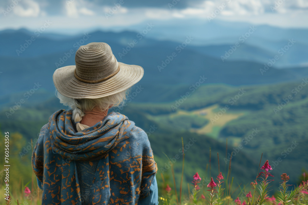 A woman wearing a hat and scarf gazes out over a valley