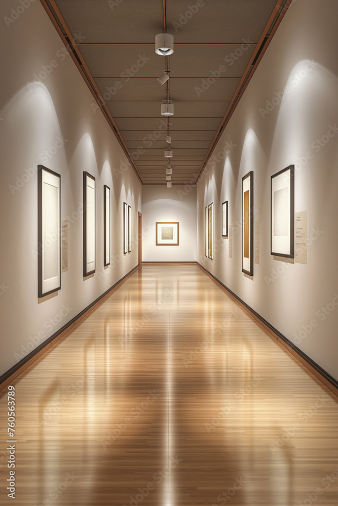 Bright lit empty hallways with picture frames on walls. Empty exhibition hallway. Corridor in a art gallery. Perspective view in a empty exhibit hall museum salon showroom studio with spotlights.