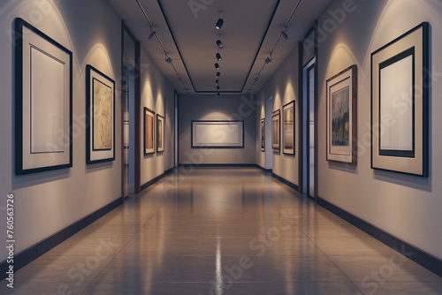 Contemporary empty art gallery with hanged frames on walls. Empty exhibition hallway. Corridor in a art gallery. Perspective view in a empty exhibit hall museum salon showroom studio with spotlights.