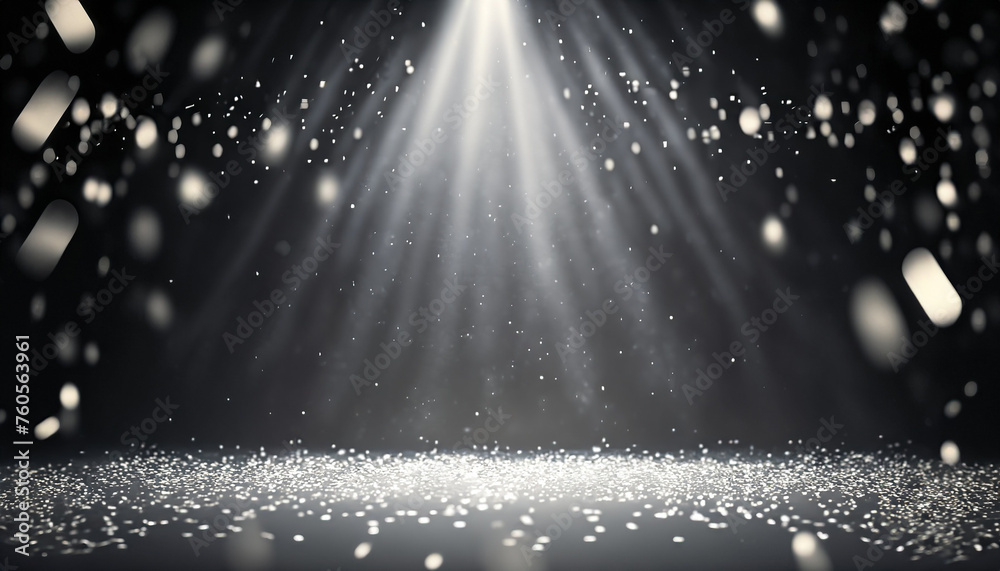 Silver confetti rain on festive stage with light beam in the middle, empty room at night mockup with copy space for award ceremony