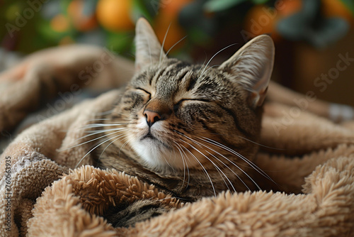 A cat peacefully sleeping with closed eyes on a cozy blanket