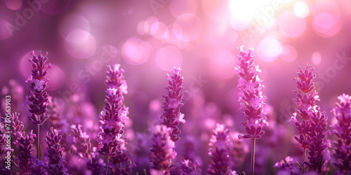 pink and purple Lavender field background on blurred background, banner , copy space