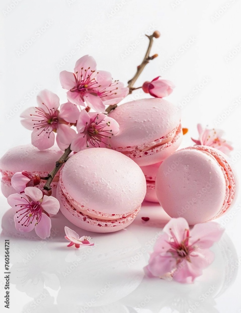 Fototapeta premium Cover with pink macaroons in a cup. Light floral background. Dessert for mother's day or birthday. Sweet treat concept. Beautiful background for card, invitation, banner, for menu.