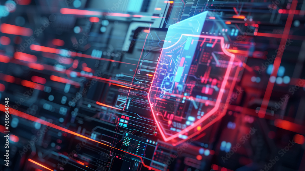 A futuristic shield enveloping a digital marketplace, visualizing the protection against cyber threats in e-commerce, Fantasy, Clean, 3D Render, Photographic Style, Close Up,