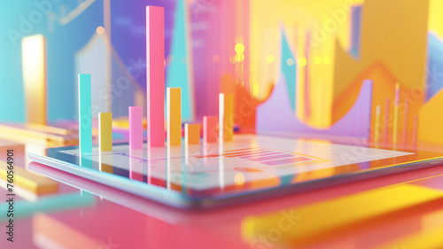 A 3D close-up of dynamic, colorful graphs and charts floating above a tablet, symbolizing e-commerce analytics, with copy space on the left photo