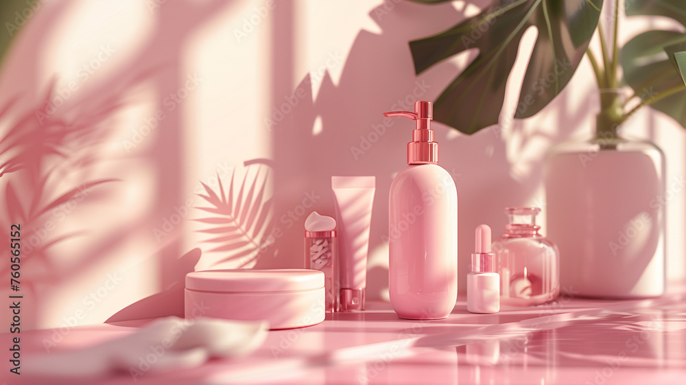 Beauty influencer skincare routine, clean minimalist setup, 3D render, close-up, Beauty influencer skincare routine, clean minimalist setup, 3D render, close-up,