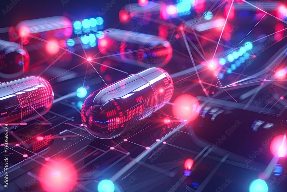 An abstract 3D composition of capsules connected by glowing lines representing networked healthcare solutions