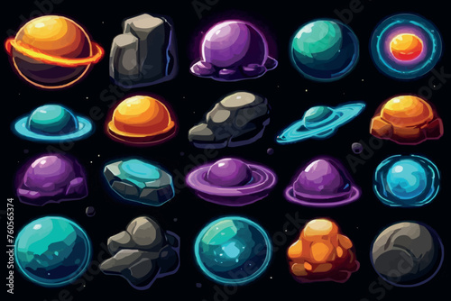 Cartoon space planets and stars seamless pattern, vector galaxy background. Fantasy space planets with alien planets of ice or fire, ufo spaceship and fantastic extraterrestrial satellites pattern
