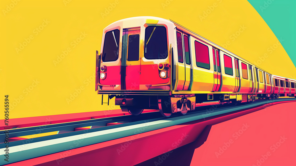 Pop art-inspired National Train Day, featuring vibrant, colorful trains on tracks, 3D render, clean and minimal, high contrast, close up
