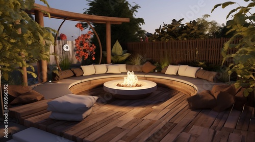 Create a lounge area with built-in benches and a central fire pit. © Aeman