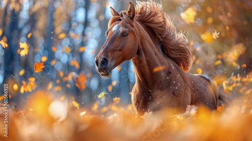 Horse Running Through Field of Leaves