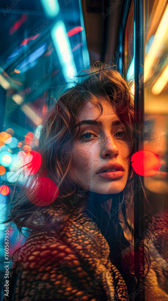A woman with red eyes and a red nose is standing in a train car. The train is moving and the lights are on, creating a bright and colorful atmosphere