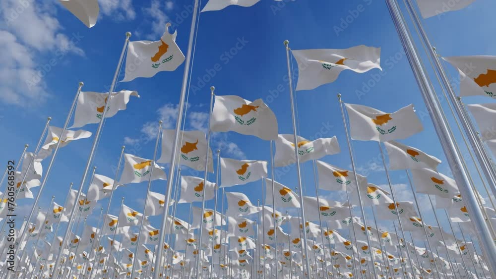 National flags of Cyprus waving in the wind. 3D render. Orange map with white, Cypriot country flags. 
Republic of Cyprus flags is a symbol of freedom, patriotism and independence.