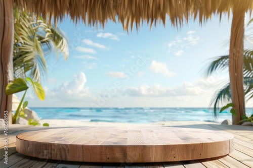 summer in the beach podium with tropical tree background with warm vibe with clear sky for product mock up