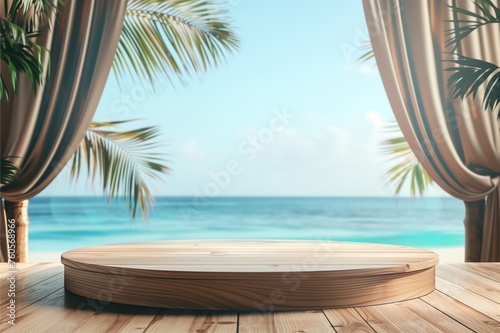 summer in the beach podium with tropical tree background with warm vibe with clear sky for product mock up © Juibo