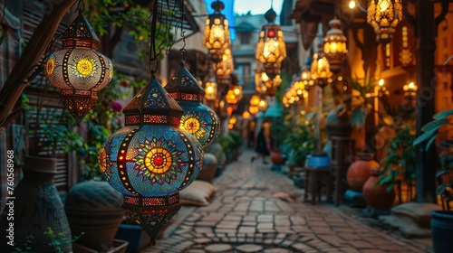 Colorful lanterns adorning Middle Eastern street for Ramadan © Jennifer