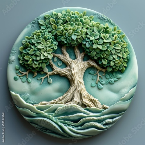 Detailed clay relief sculpture of the Tree of Life with a serene circular backdrop.