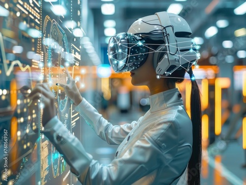 A futuristic female figure wearing advanced VR gear interacts with dynamic holographic displays.