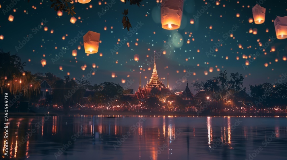 Lanterns floating in the sky above a lake by the temle, Loi Krathong festival or Yi Peng in Thailand, Loy Krathong Holiday Thailand