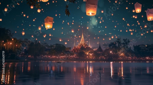 Lanterns floating in the sky above a lake by the temle, Loi Krathong festival or Yi Peng in Thailand, Loy Krathong Holiday Thailand photo