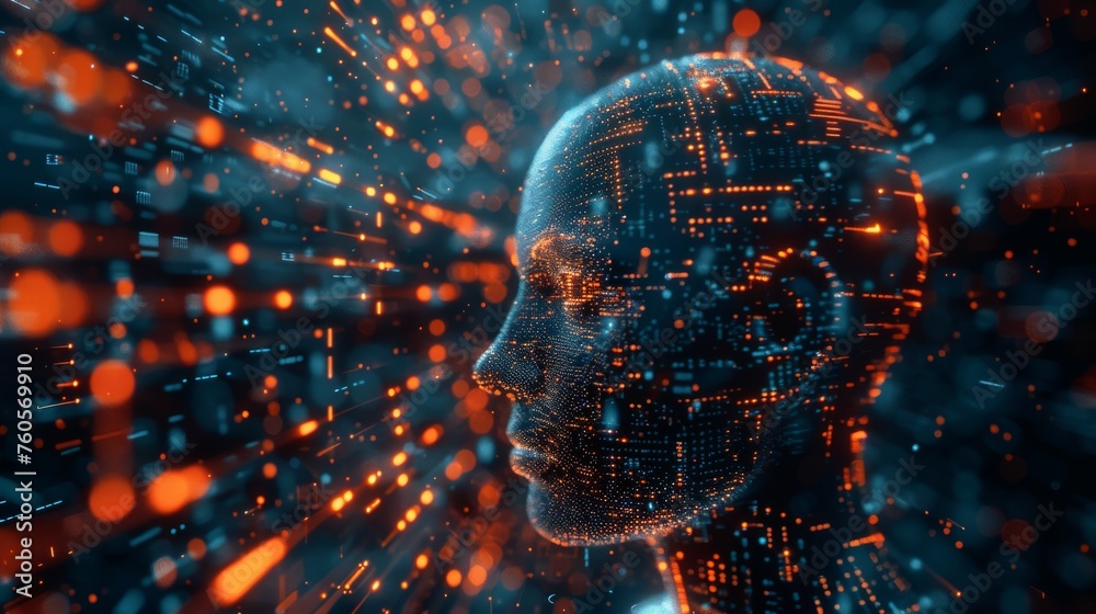 Digital human face silhouette with network connections, evoking concepts of connectivity, big data, and neural networks.