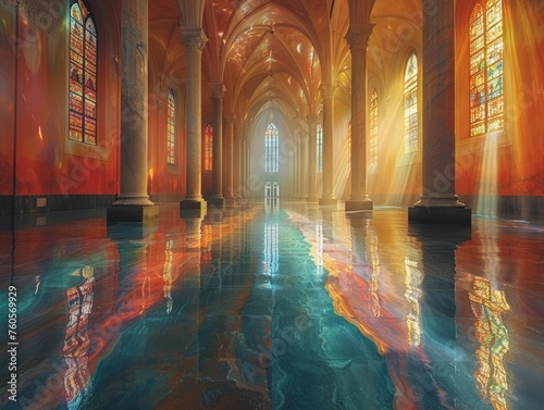  Tranquil cathedral with waves of prismatic light cascading down its serene photo