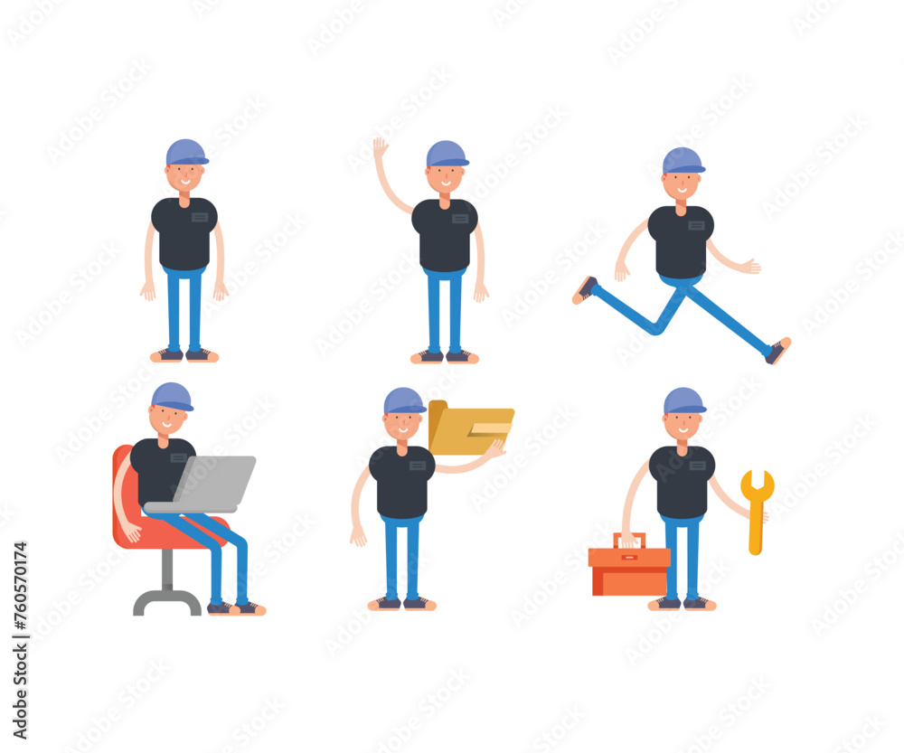 boy with cap characters in various poses set vector illustration