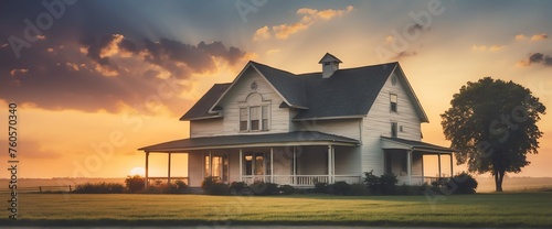 A farm house in an amish county at sunset from Generative AI photo