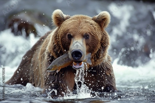 A majestic grizzly bear captures a salmon in a wild, splashing river, showcasing nature's raw beauty and survival instinct.