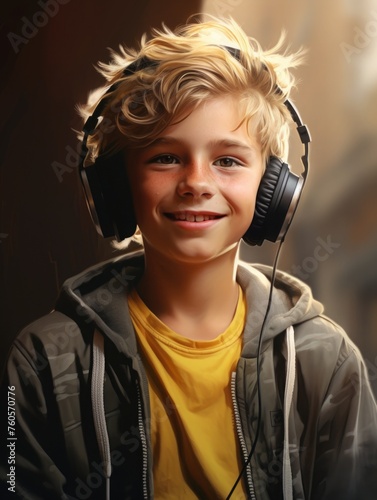 Happy Caucasian teenager, child boy listening to music with headphones. teenager looking at camera