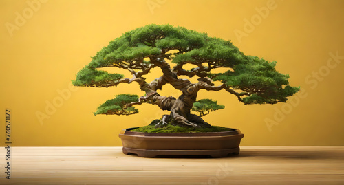 bonsai Tree in a special pot, isolated on a yellow background, banner, copy space, against a yellow wall
