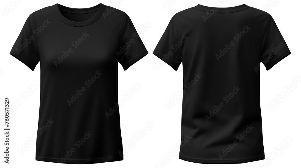 Front and back views of a young woman in a black t-shirt isolated cut-out object with on transparent background, PNG file Mockup for design Front and back views of a young woman in a black t-shirt isolated cut-out object with on transparent background, PNG file Mockup for design