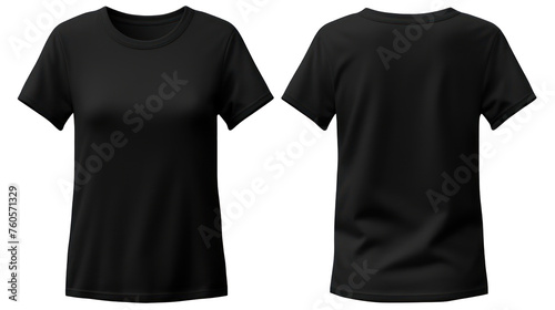 Front and back views of a young woman in a black t-shirt isolated cut-out object with on transparent background, PNG file Mockup for design