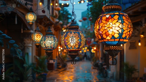 Colorful lanterns adorning Middle Eastern street for Ramadan