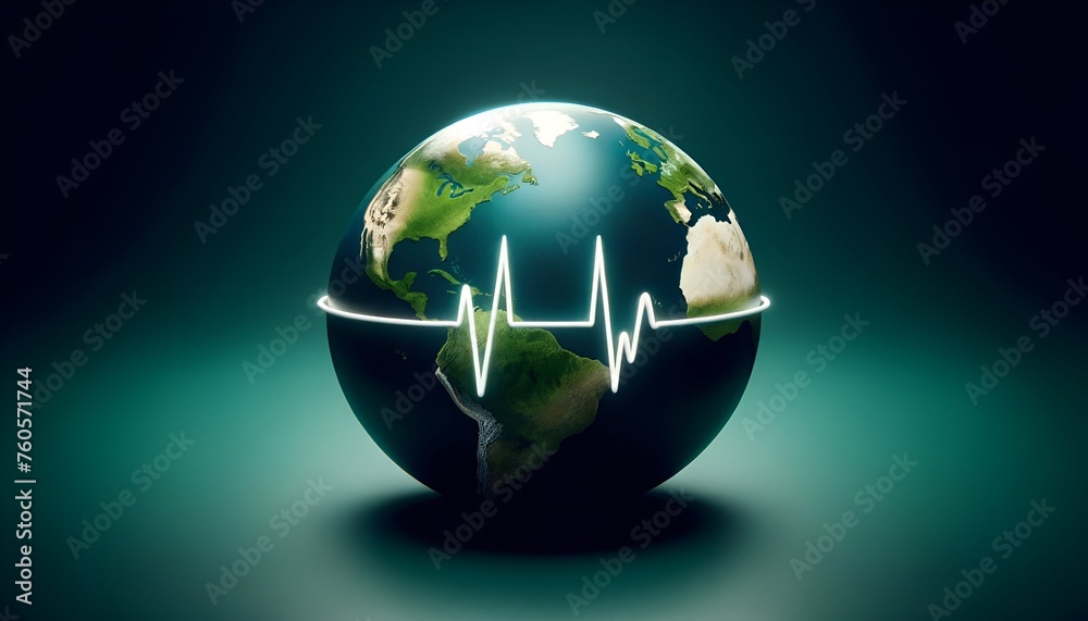 Realistic illustration for world health day  with earth globe surrounded by a heartbeat line.