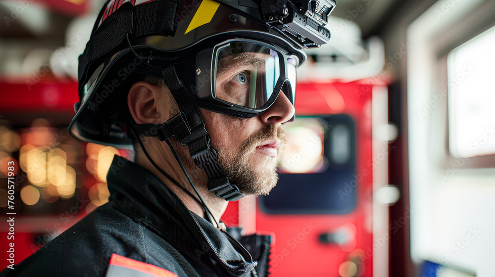A man in a fireman's helmet and goggles stands in front of a red fire truck. Concept of readiness and preparedness for action A man in a fireman's helmet and goggles stands in front of a red fire truck. Concept of readiness and preparedness for action