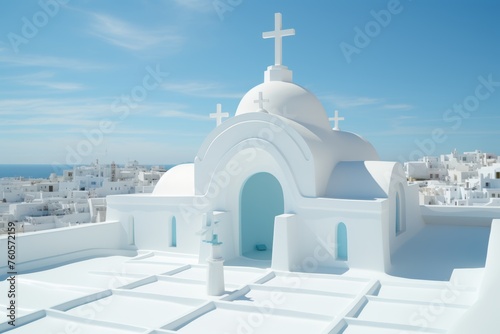 Minimalist blue church with sailboat in greece, cityscape illustration in dark teal and light white