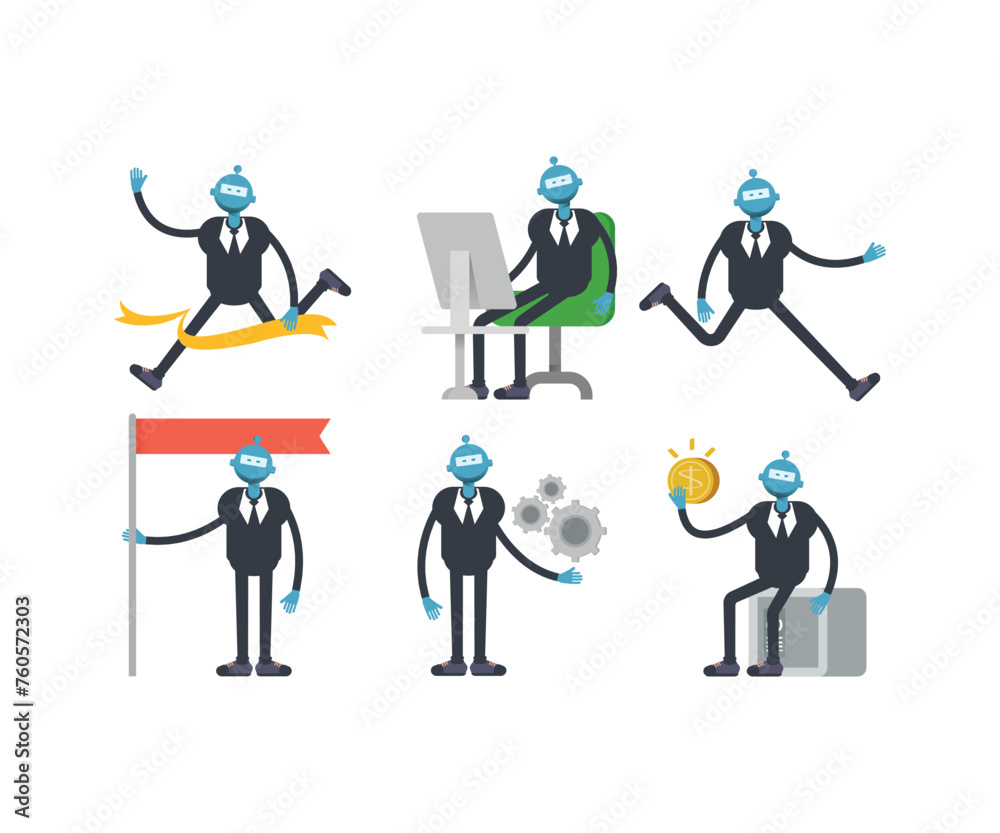 robot worker characters in various poses set vector illustration