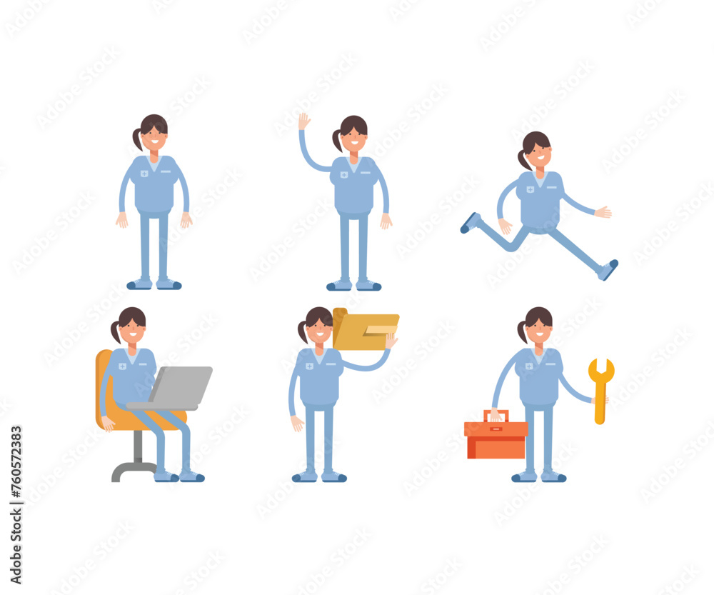woman nurse characters in various poses icons set vector illustration woman nurse characters in various poses icons set vector illustration