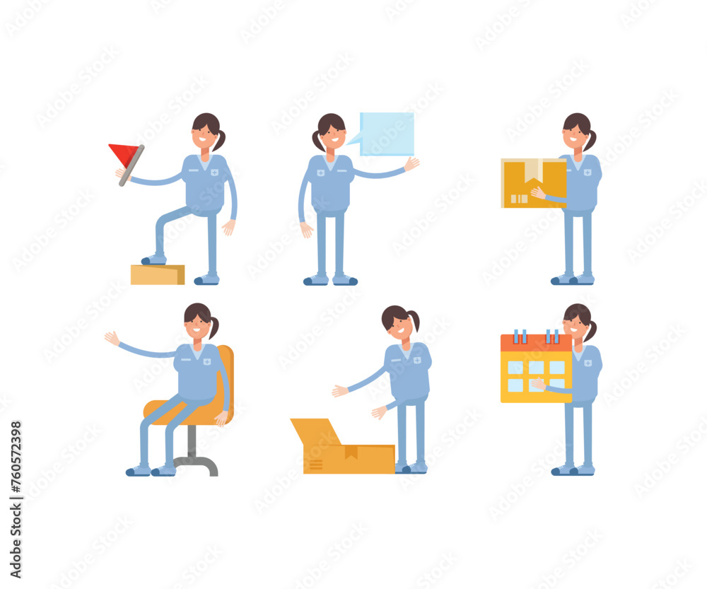 woman nurse characters in various poses icons set vector illustration